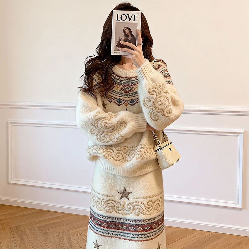 费尔岛风针织套装女秋冬慵懒风提花毛衣半身裙两件套小个子穿搭,女装/女士精品,大码套装,淘宝优惠券,粉丝福利购,淘宝优惠卷