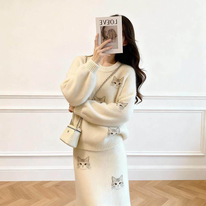 温柔慵懒风猫咪图案针织套装女春秋甜美百搭毛衣半身裙两件套大码,女装/女士精品,大码套装,淘宝优惠券,粉丝福利购,淘宝优惠卷