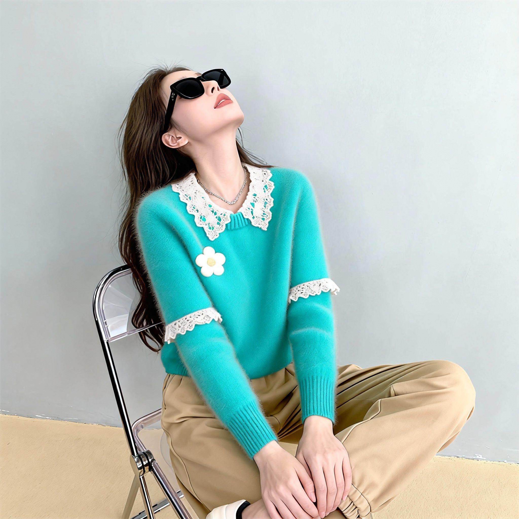 湖绿色毛衣女秋慵懒风针织上衣