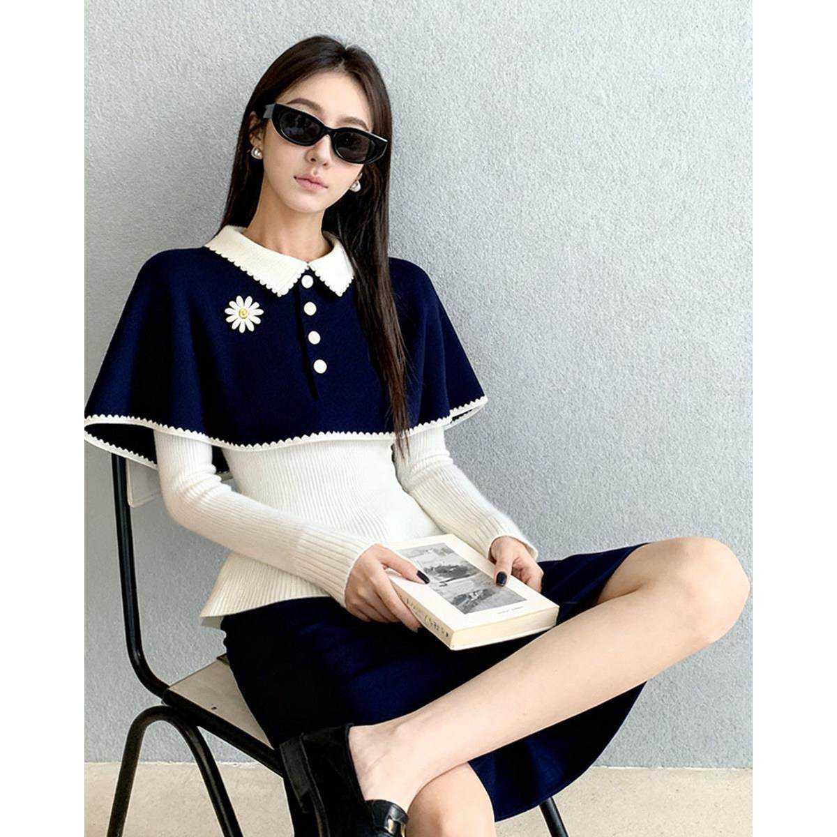 小香风蓝白撞色针织毛衣女秋季外穿小众不撞款披肩斗篷短外套,女装/女士精品,大码内搭,淘宝优惠券,粉丝福利购,淘宝优惠卷