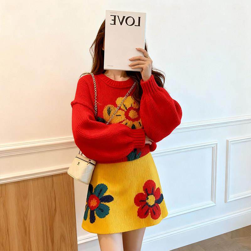 2026新款多巴胺撞色花朵提花毛衣套装女春秋慵懒风减龄两件套,女装/女士精品,大码套装,淘宝优惠券,粉丝福利购,淘宝优惠卷