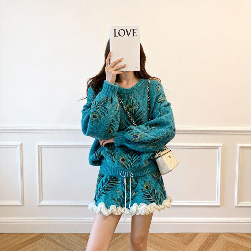 慵懒风孔雀羽毛图案针织套装女春秋宽松毛衣半身裙两件套羽毛印花,女装/女士精品,大码套装,淘宝优惠券,粉丝福利购,淘宝优惠卷