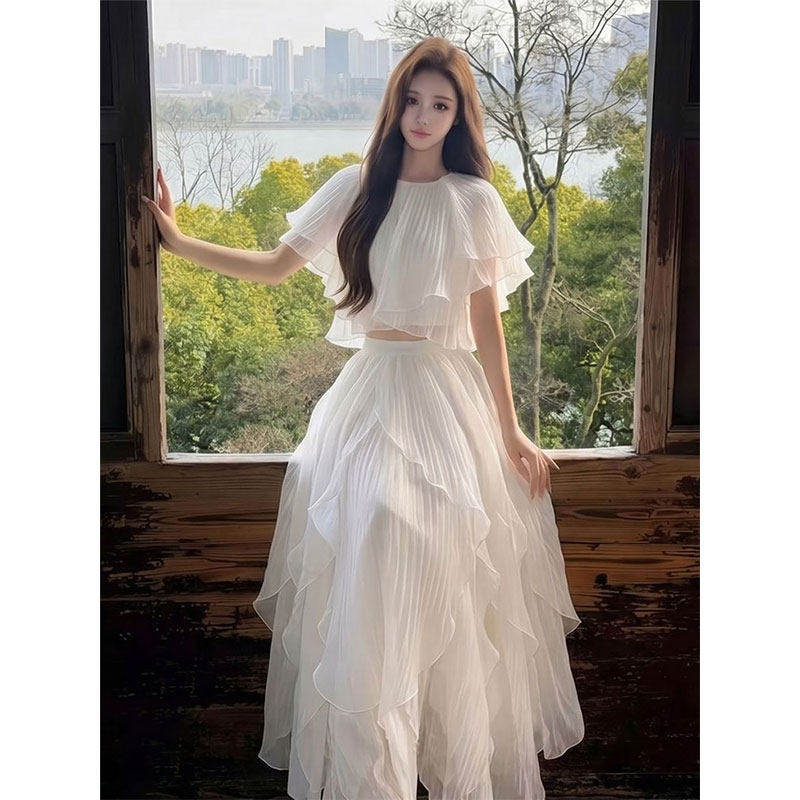 千金风白色网纱洋装女夏季大尺码套装高级感减龄仙女风两件套短袖