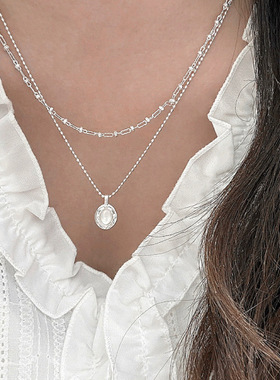 双层椭圆吊坠项链月光石白高级