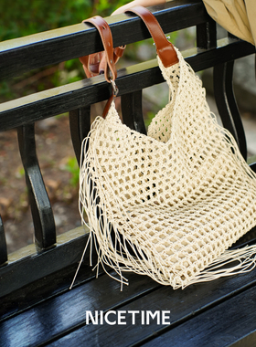 NICETIME小众设计hobo单肩斜挎包蜡线编织流苏女包百搭高级