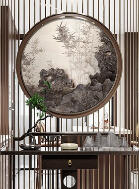 入户玄关装饰画走廊过道圆形x肌理太湖石抽象实物画新中式入门挂