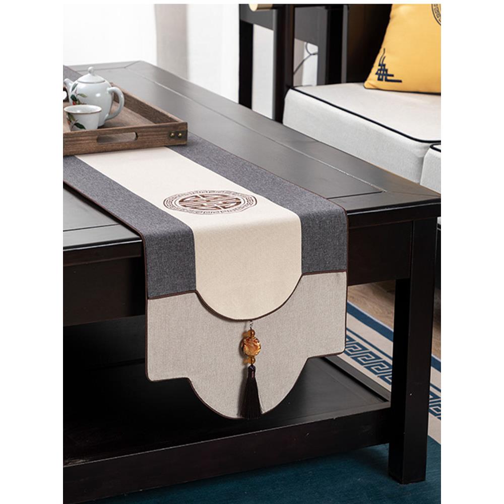新中式桌旗禅意现代简约米色茶席茶几垫茶台餐桌旗电视柜盖布定制