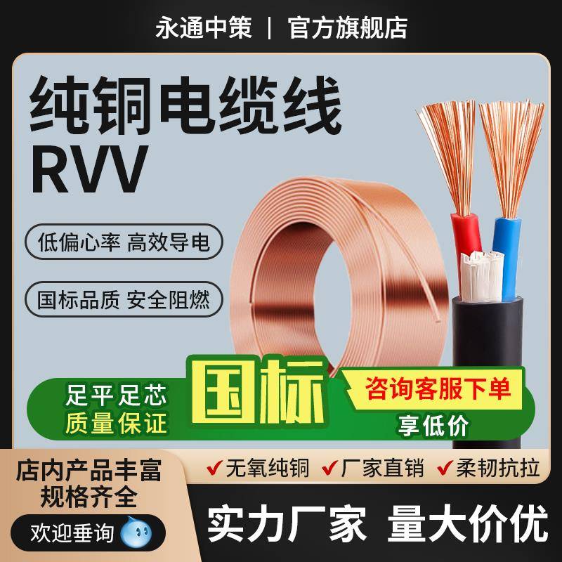 永通中策国标rvv电缆线2 3 4 5 10 20 60芯0.3/25平方铜芯软电线