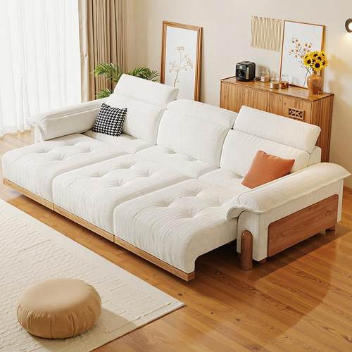 电动多功能布艺沙发床猫抓磨砂布小户型奶油风可伸缩家用直排沙发