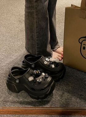 品牌2023春夏新款可爱卡通厚底洞洞鞋女时尚百搭小个子增高包头凉