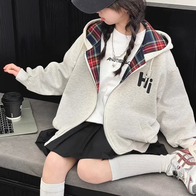 女童外套2025秋冬季款格子韩版连帽卫衣中大童洋气儿童拉链开衫秋