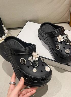 品牌高跟洞洞鞋女夏外穿厚底时尚韩版水钻小熊花朵沙滩防滑松糕花