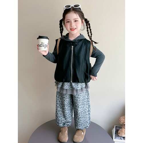 女童韩系套装洋气炸街儿童皮衣马甲阔腿裤三件套小女孩宝宝春秋装