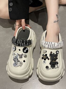 品牌2023夏季新款时尚网红高跟洞洞鞋女外穿百搭松糕厚底可爱包头