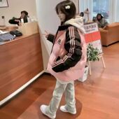 美式 保暖加厚棉袄棉服 中大童粉色条纹拼接撞色棉衣外套女学生冬季