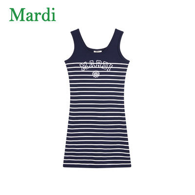 MARDI官方正品小雏菊刺绣条纹无袖连衣裙女夏复古辣妹显瘦背心裙