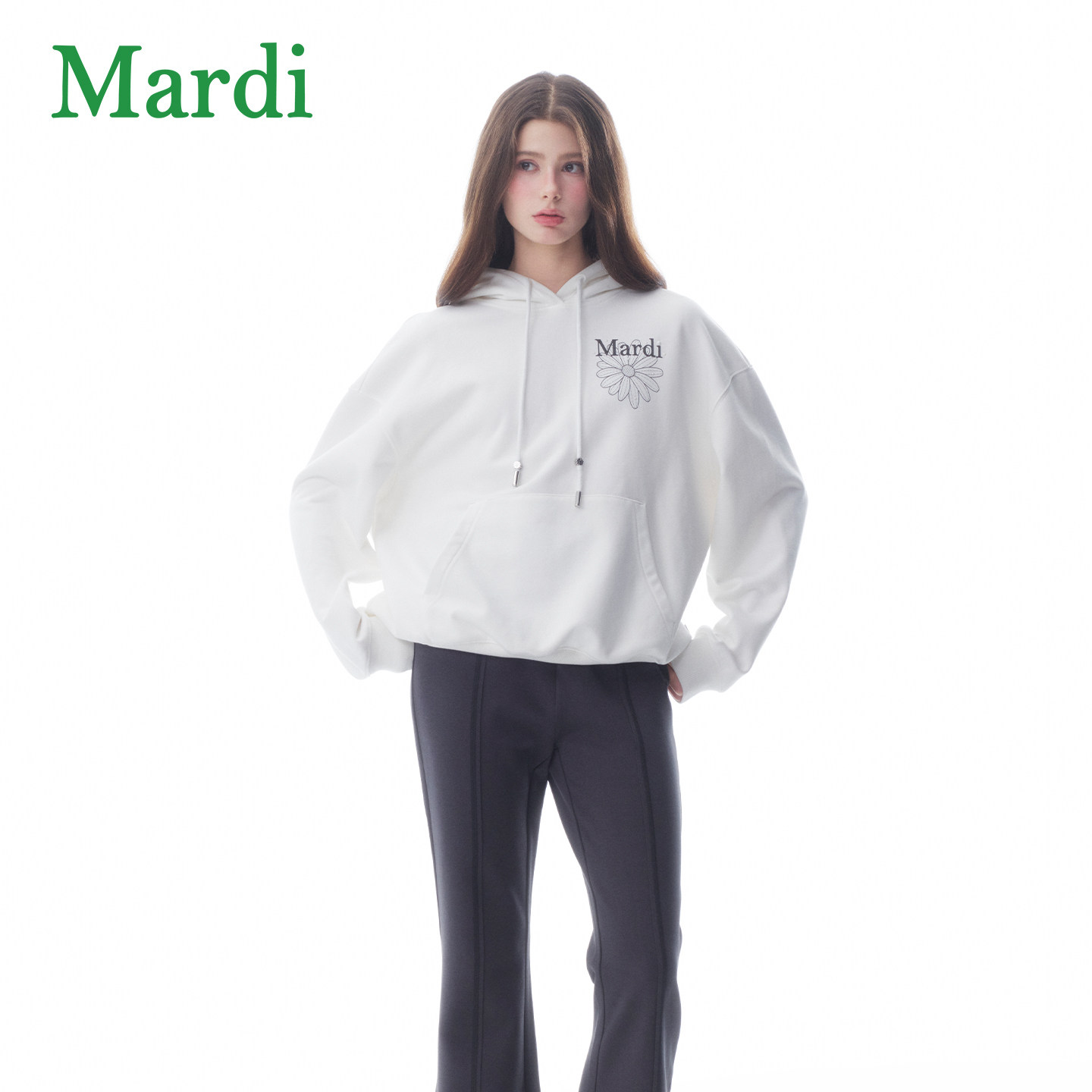MARDI官方正品女士秋冬圆领印花运动连帽套头卫衣宽松百搭