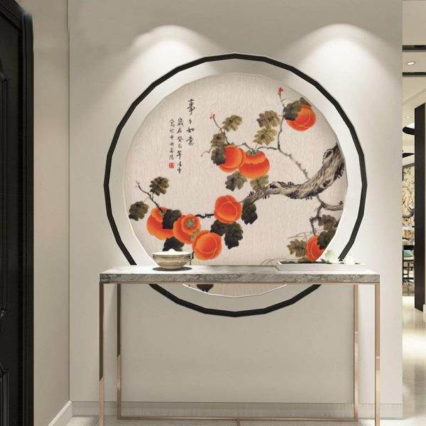 现代简约玄关圆形装饰画壁纸事事如愿柿子画饭厅墙纸壁画定制壁布图片