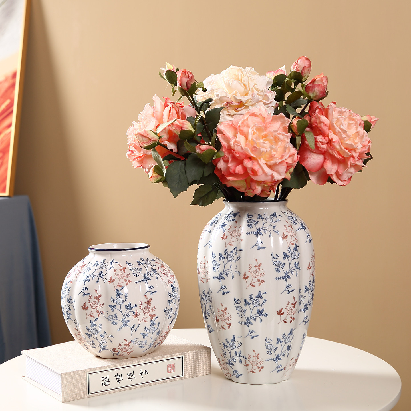 青花瓷陶瓷花瓶摆件客厅玄关电视柜餐桌装饰品假花彷真花水培插花