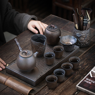 家用排水托盘茶台长方形储水茶托盘简约茶海 复古陶瓷干泡茶盘日式