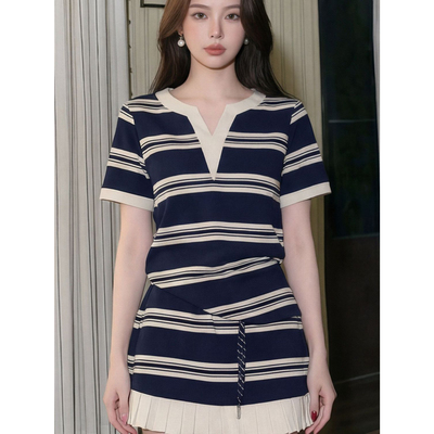高级条纹韩版时尚套装夏季2026女款T恤减龄高腰半身百褶裙两件套
