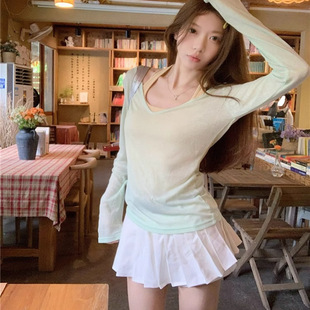 2025开春穿搭多巴胺纯欲辣妹上衣 T恤女款 绿色两件套背心罩衫 长袖