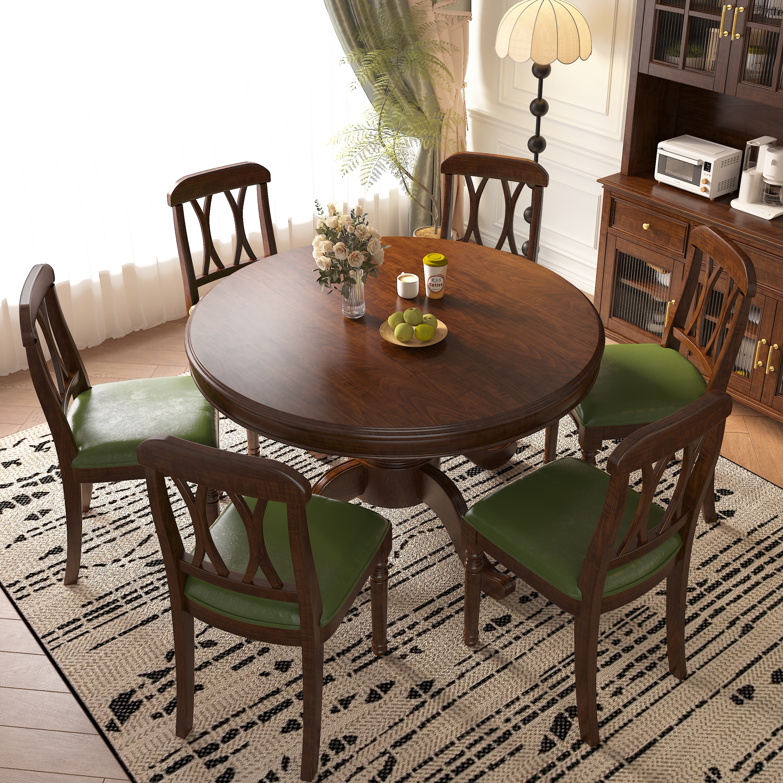 欧煦美式圆餐桌全实木复古家用1.2米圆形饭桌8人餐桌椅组合1.35米