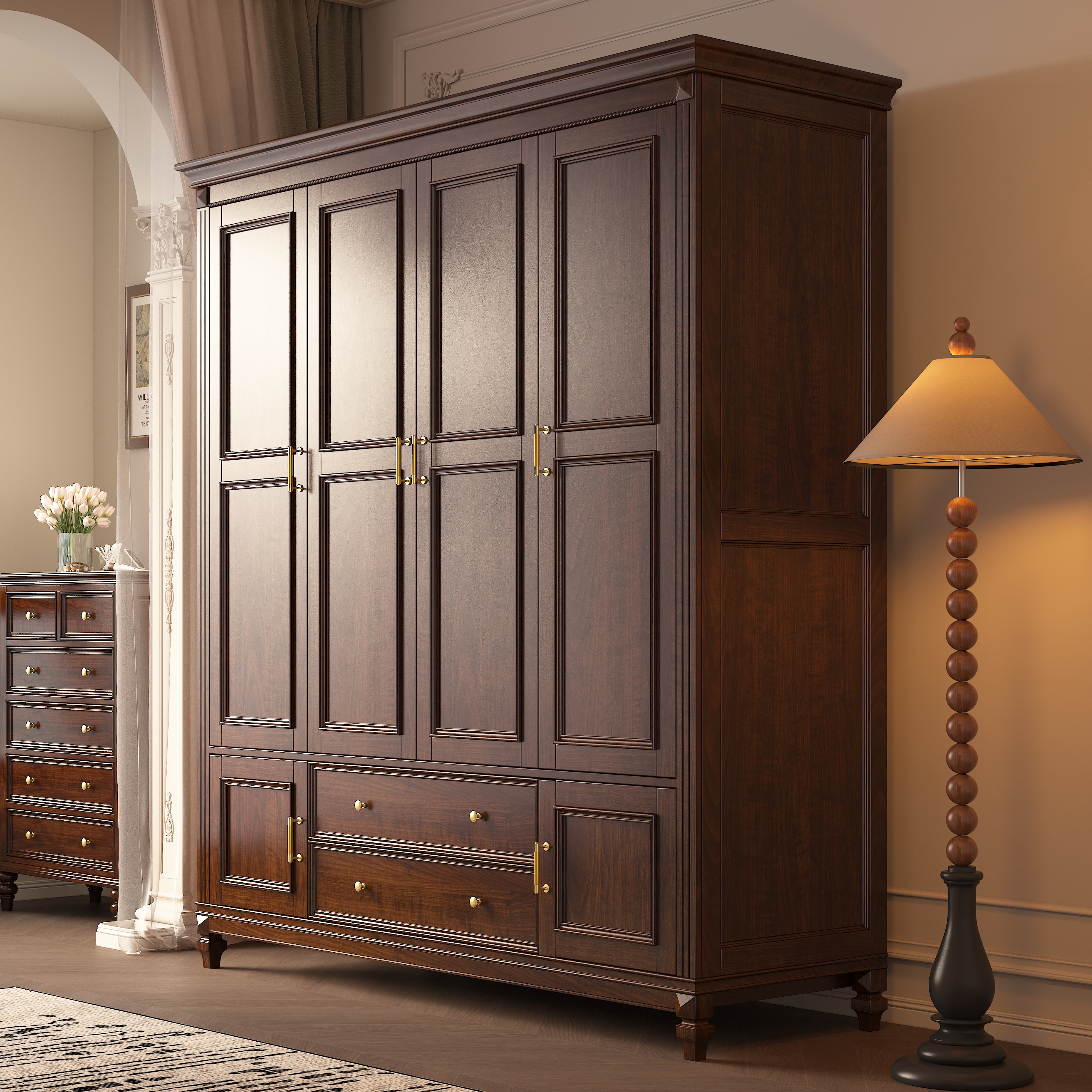 欧煦美式实木衣柜纯全实木卧室两三四门组合柜带顶柜大容量收纳柜