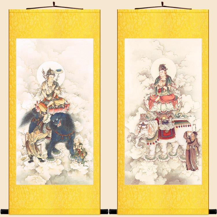 文殊普贤菩萨画像 佛像画绢布卷轴挂画 佛堂书房复古装饰字画定制
