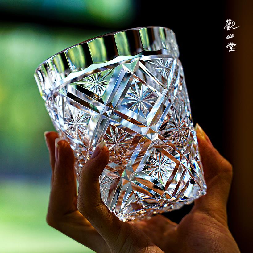 观山堂江户切子K9级威士忌酒杯高级感手工雕刻复古繁花无铅水晶杯