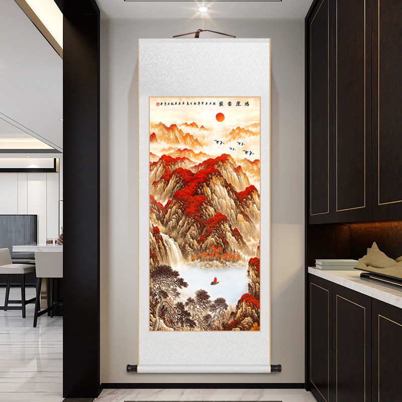 鸿运当头国画山水挂画竖版客厅玄关装饰壁M画办公室靠山图卷轴字,家居饰品,国画,淘宝优惠券,粉丝福利购,淘宝优惠卷