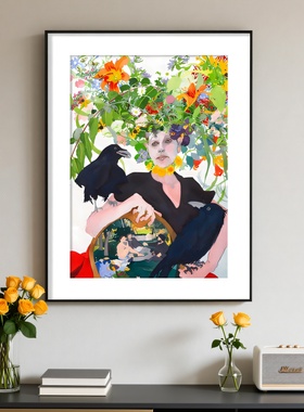 绿色小清新客厅挂画北欧田园风花鸟治愈系卧室装饰画小众治愈壁画