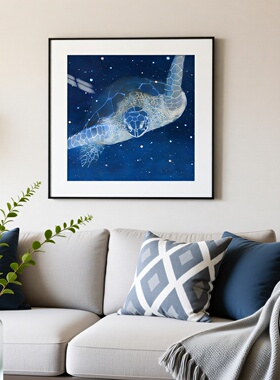 海洋风景客厅艺术装饰画蓝色氛围感海龟玄关壁画轻奢小众卧室挂画