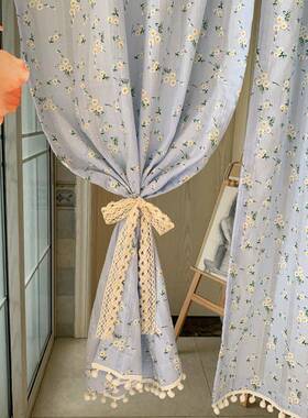 美式乡村田园蓝色小碎花半遮光棉麻窗帘布免打孔门帘阳台厨房飘窗