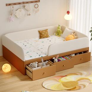 清晨森林蒙氏地台床儿童床带围栏婴儿宝宝真皮拼接床带高箱储物床