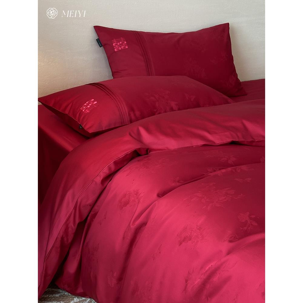 婚庆红色提花纯棉四件套100S长绒棉双喜刺绣被套床单喜庆床上用品
