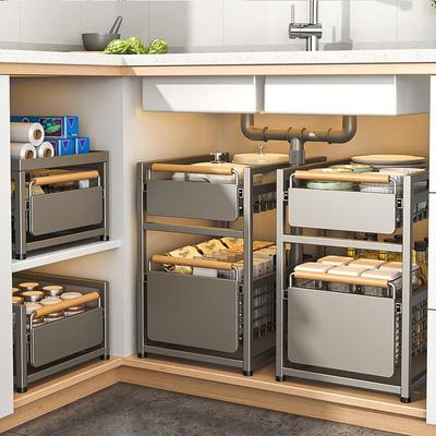 橱柜拉篮厨房柜内置分层水池下方抽屉调料收纳抽拉式下水槽置物架