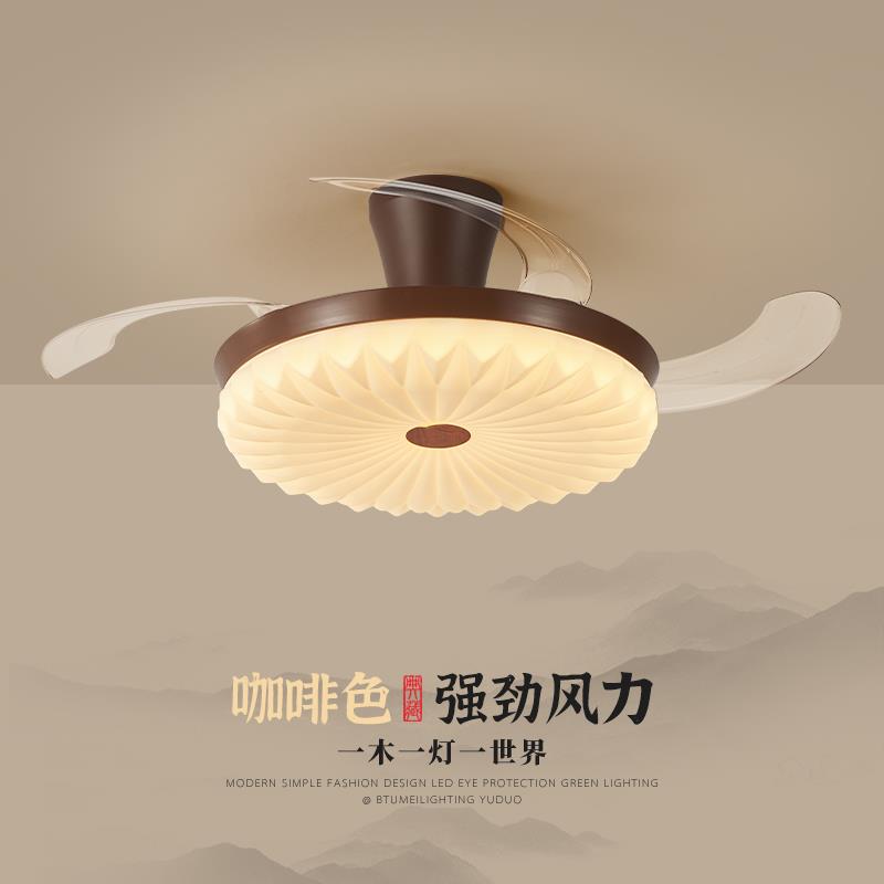 卧室隐形风扇灯中古风吸顶灯胡桃色美式复古静音大风力餐厅吊扇灯