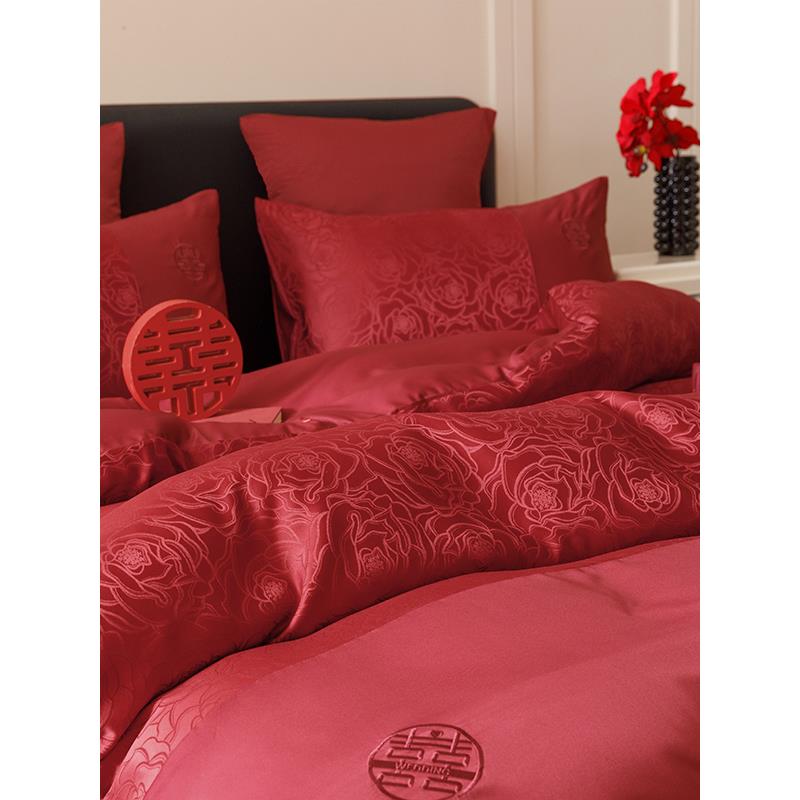 结婚四件套喜字玫瑰提花被套纯棉大红色床单婚庆喜被婚房床上用品