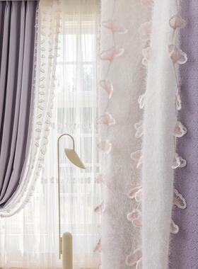 紫色提花全遮光60cm宽花边浮雕绣花纱布一体窗帘客厅落地飘窗定制