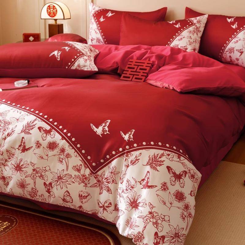 高档中式结婚四件套大红色陪嫁床单被套纯棉婚庆床上用品婚房喜被
