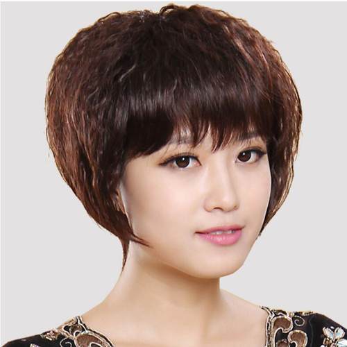 恒发假发 真发中老年妈妈假发女蓬松BOBO头短卷发型 玉米烫斜浏海