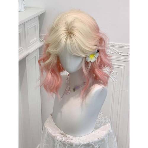 慧丽假发·新中分蛋卷短发白色桃红色苏打粉金色渐变甜美可爱全头