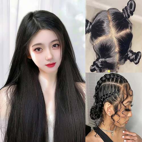 假发女全头套中分黑长直全真人发手织假发套夏季轻薄可扎丸子头