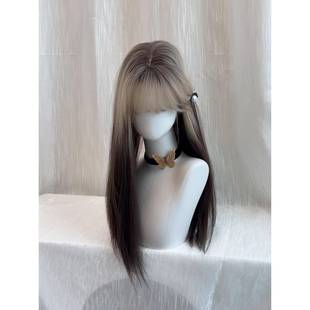 不用戴发网【黑金渐变暹罗猫假发】齐刘海爆顶染长直发头顶补发片