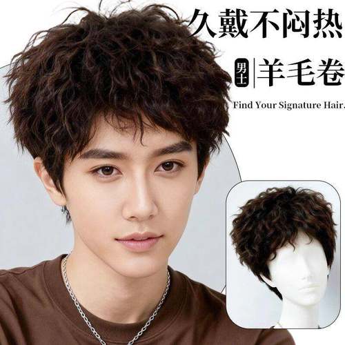 假发男短发微分碎盖男生短卷发莱斯利卷日常蓬松羊毛卷男士全头套