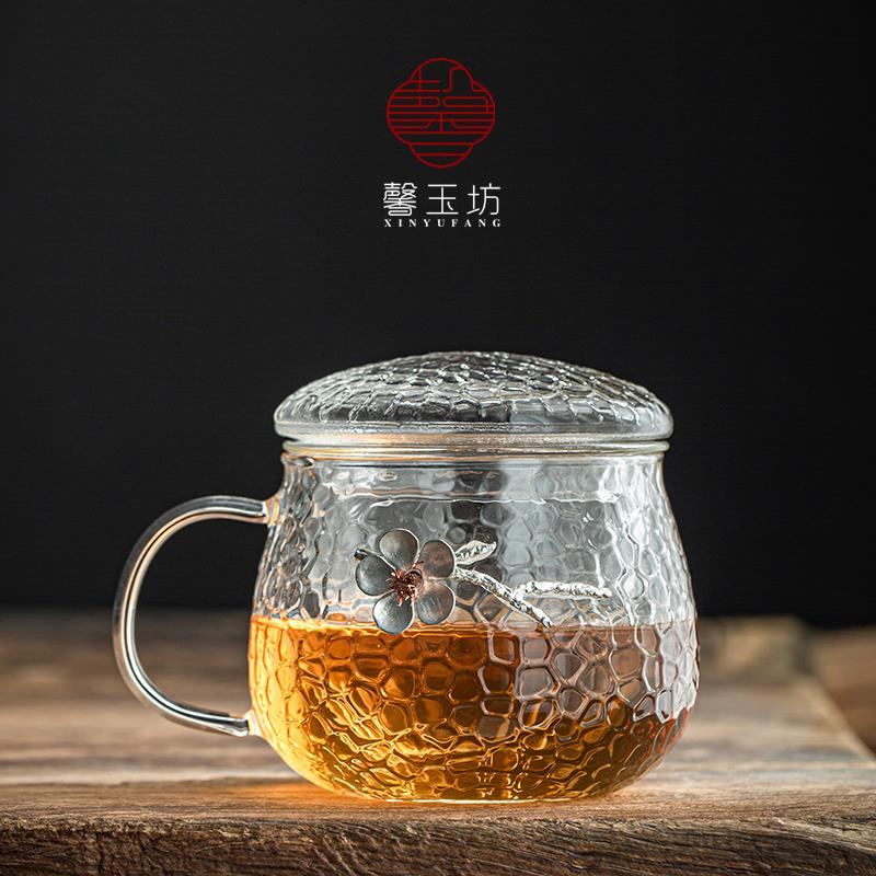 馨玉坊锤纹耐高温玻璃茶杯带把加厚带过滤泡茶杯办公家用喝水杯