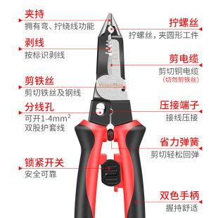 六合一多功能电工k钳专用尖嘴钳子大全工具剪钢丝剥线压线手钳万