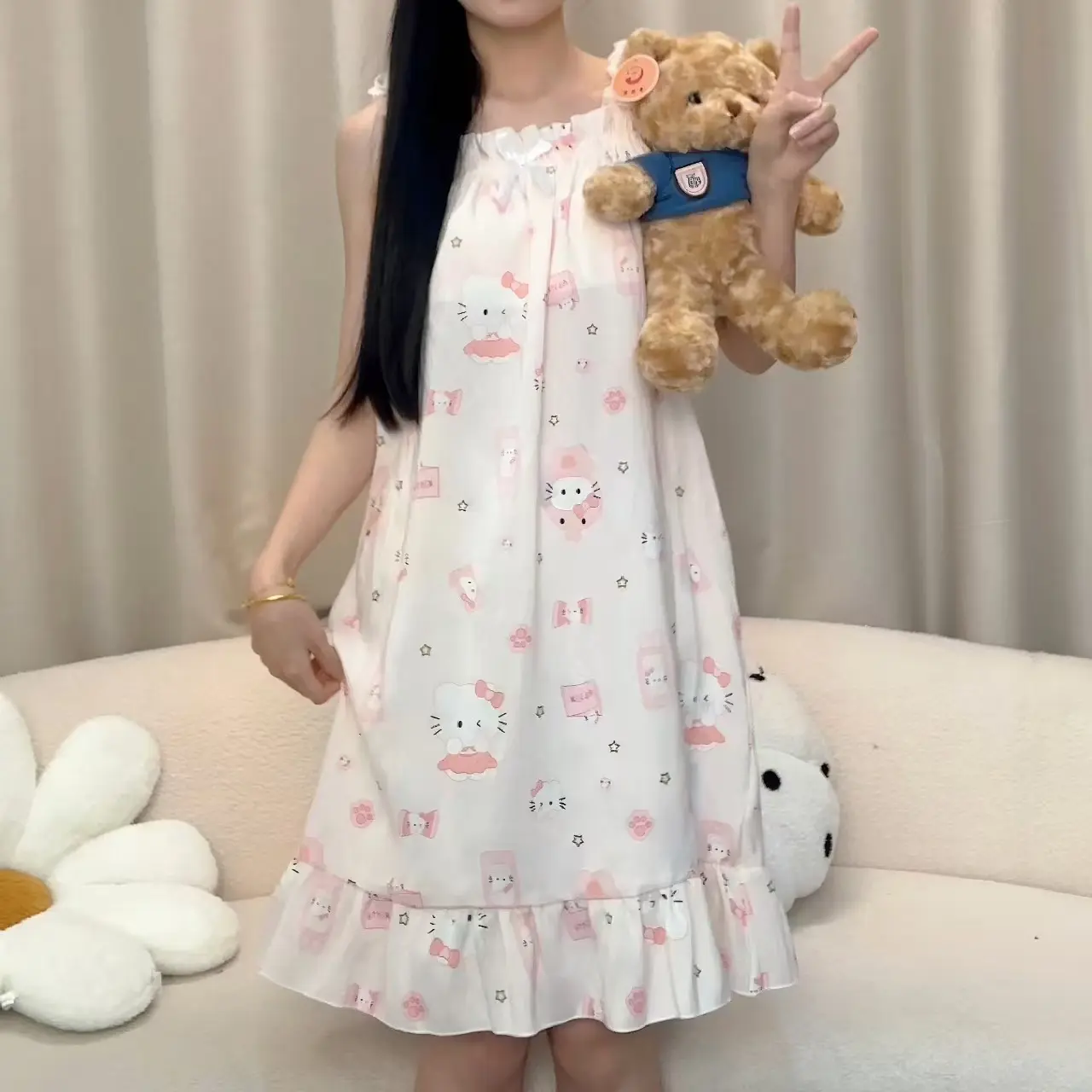 睡裙女夏季2025新款云朵棉睡衣女生吊带可爱性感夏天带胸垫家居服