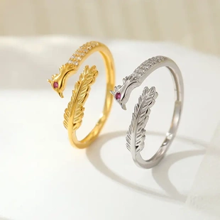 s925银古典凤尾戒指女凤凰于飞镶钻精致龙凤指环本命年礼物